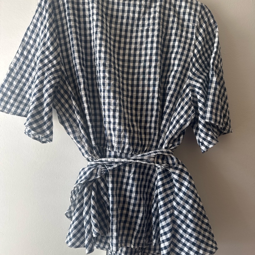 LOFT Gingham Wrap Top Navy White Peplum Tie Waist NWT XXL - Picture 3 of 5